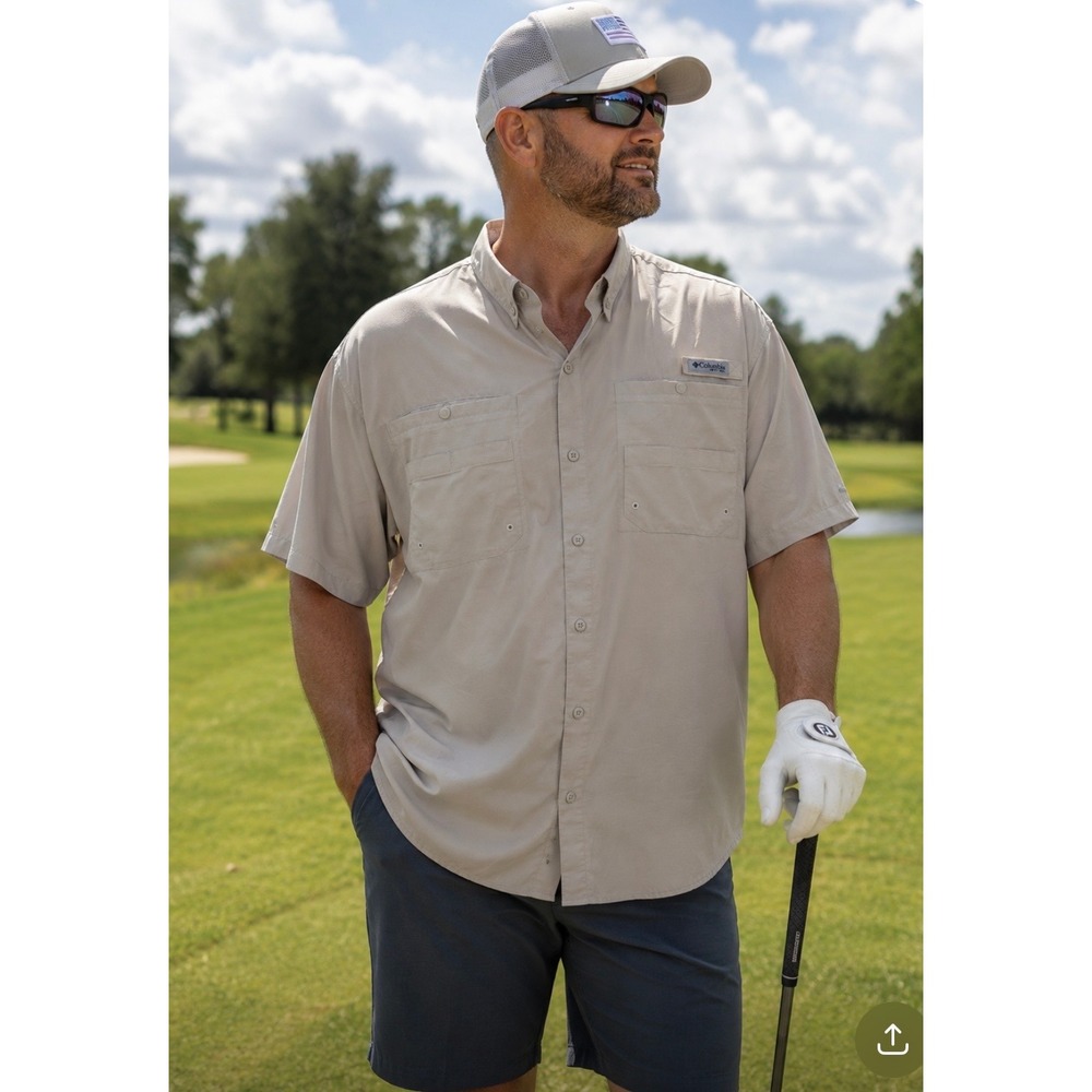 Columbia PFG Mens Short Sleeve Fishing Shirt Tan Khaki Vented Ripstop Large